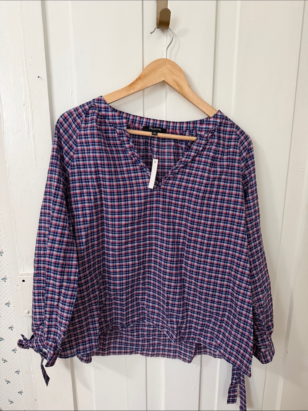 Madewell Blue & Pink Plaid V-Neck Tie-Sleeve Tunic